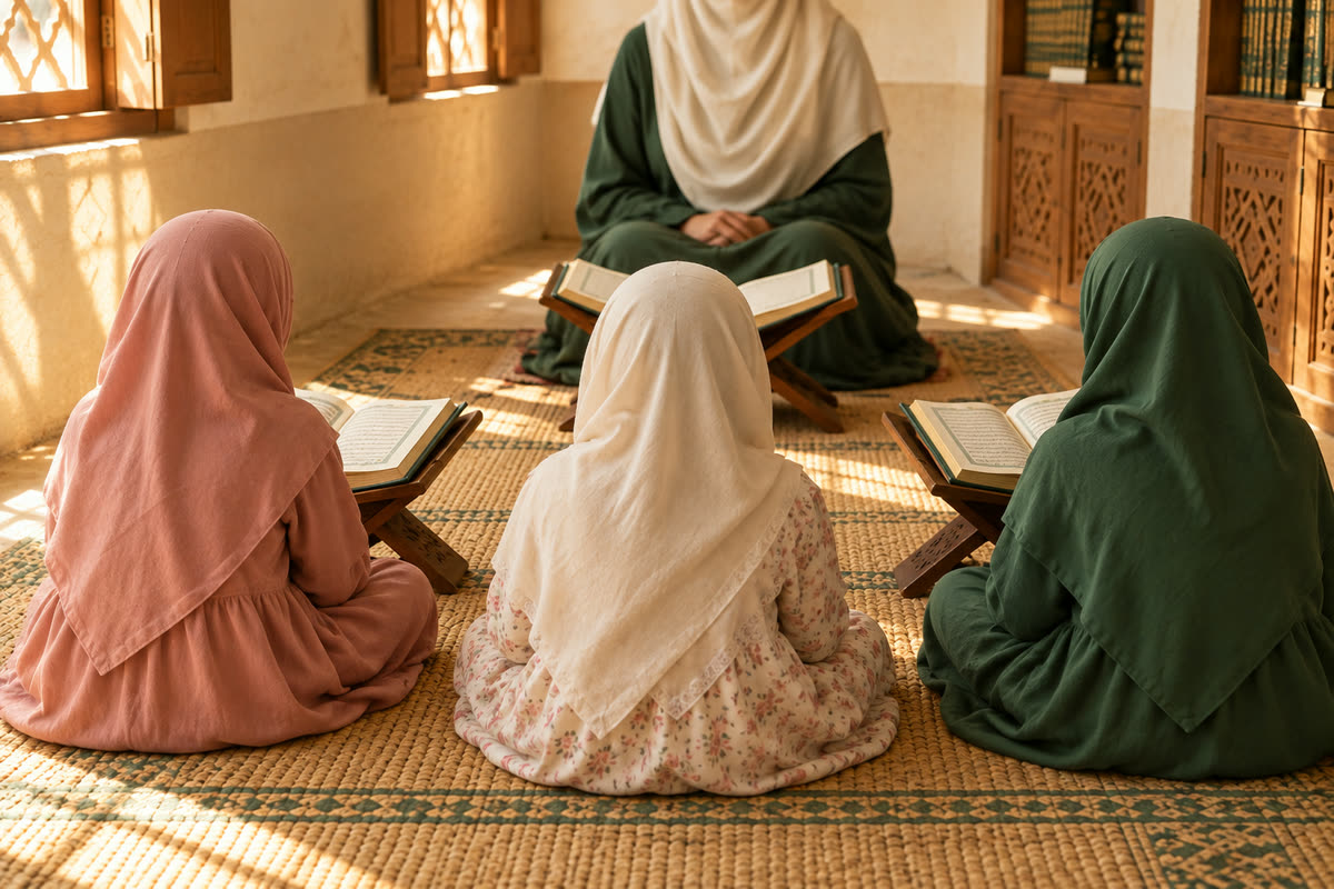 A small circle of girls reading on a mat facing their teacher, seen from behind
