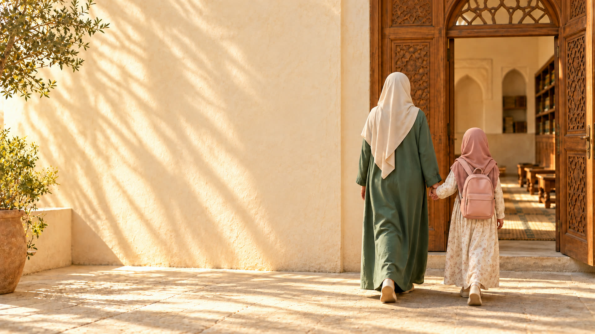 A mother in hijab walking her young daughter towards a carved school door in morning light
