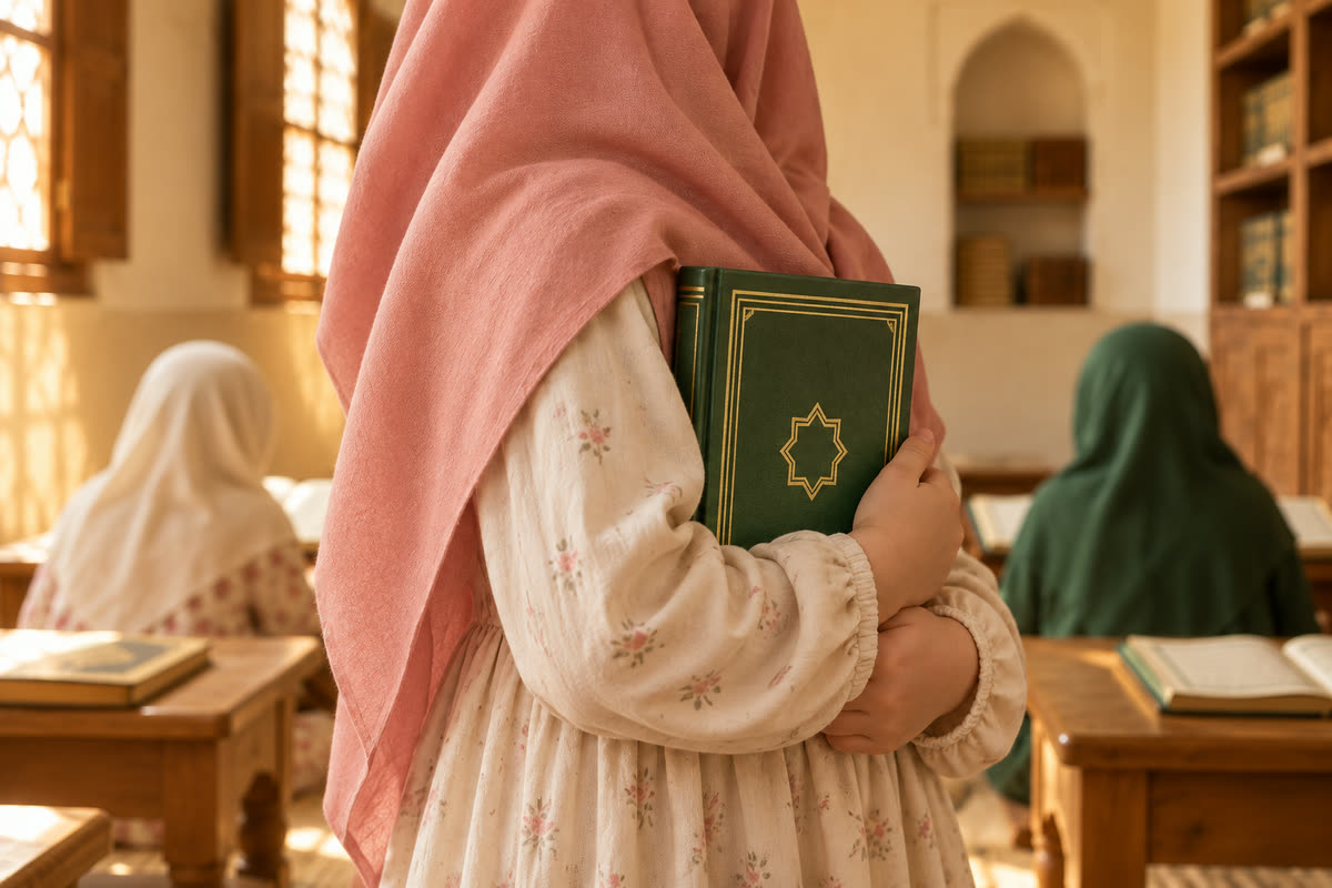 A girl holding a mushaf close, her face turned away from the camera