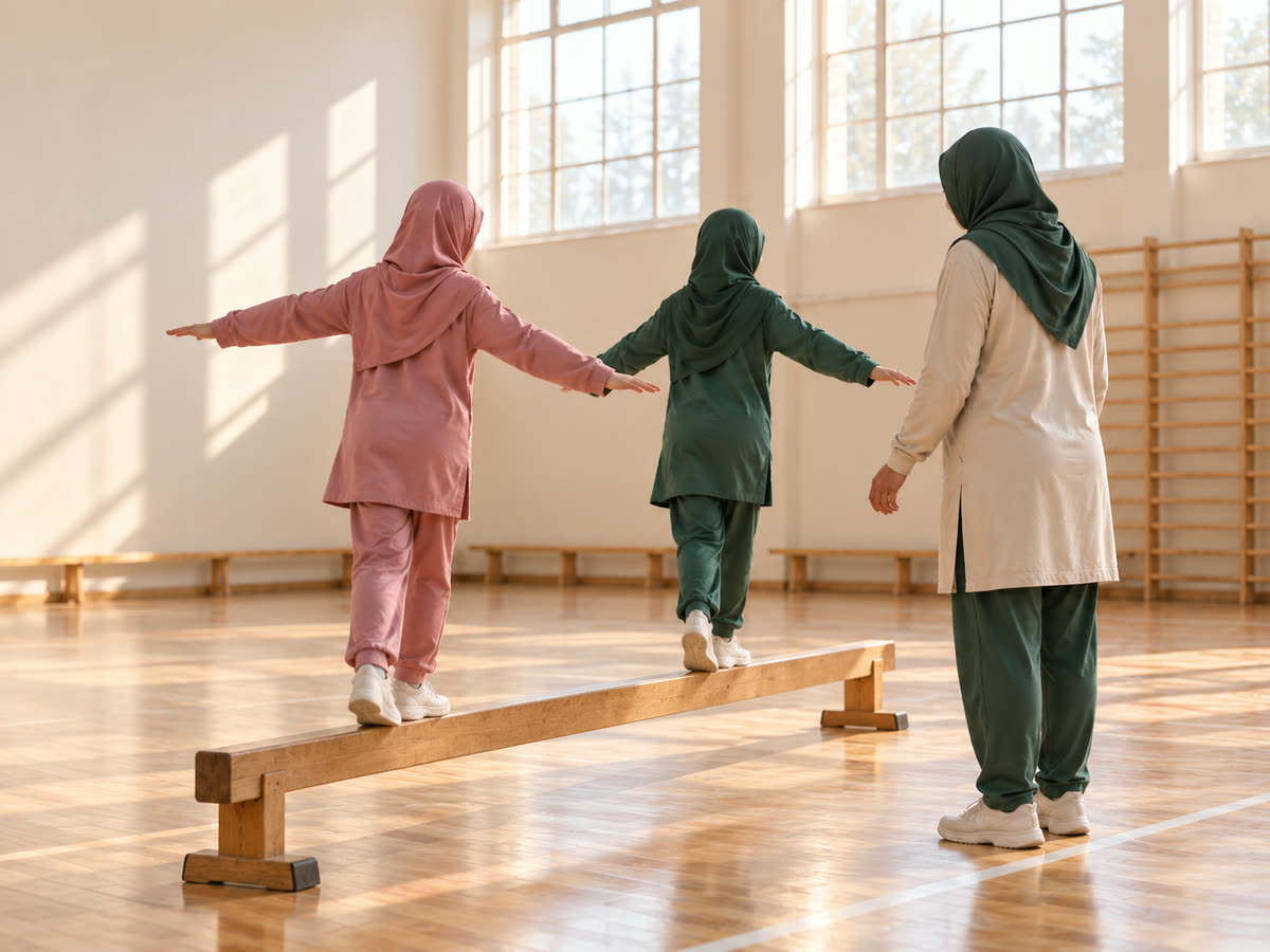 Two girls in hijab and modest sportswear walking a low balance beam with a woman coach watching