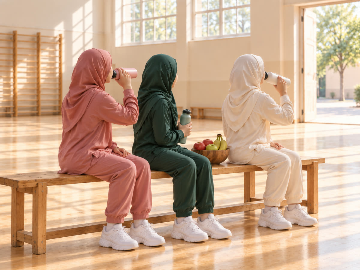 Three girls in hijab and modest sportswear drinking water on a bench beside a bowl of fruit