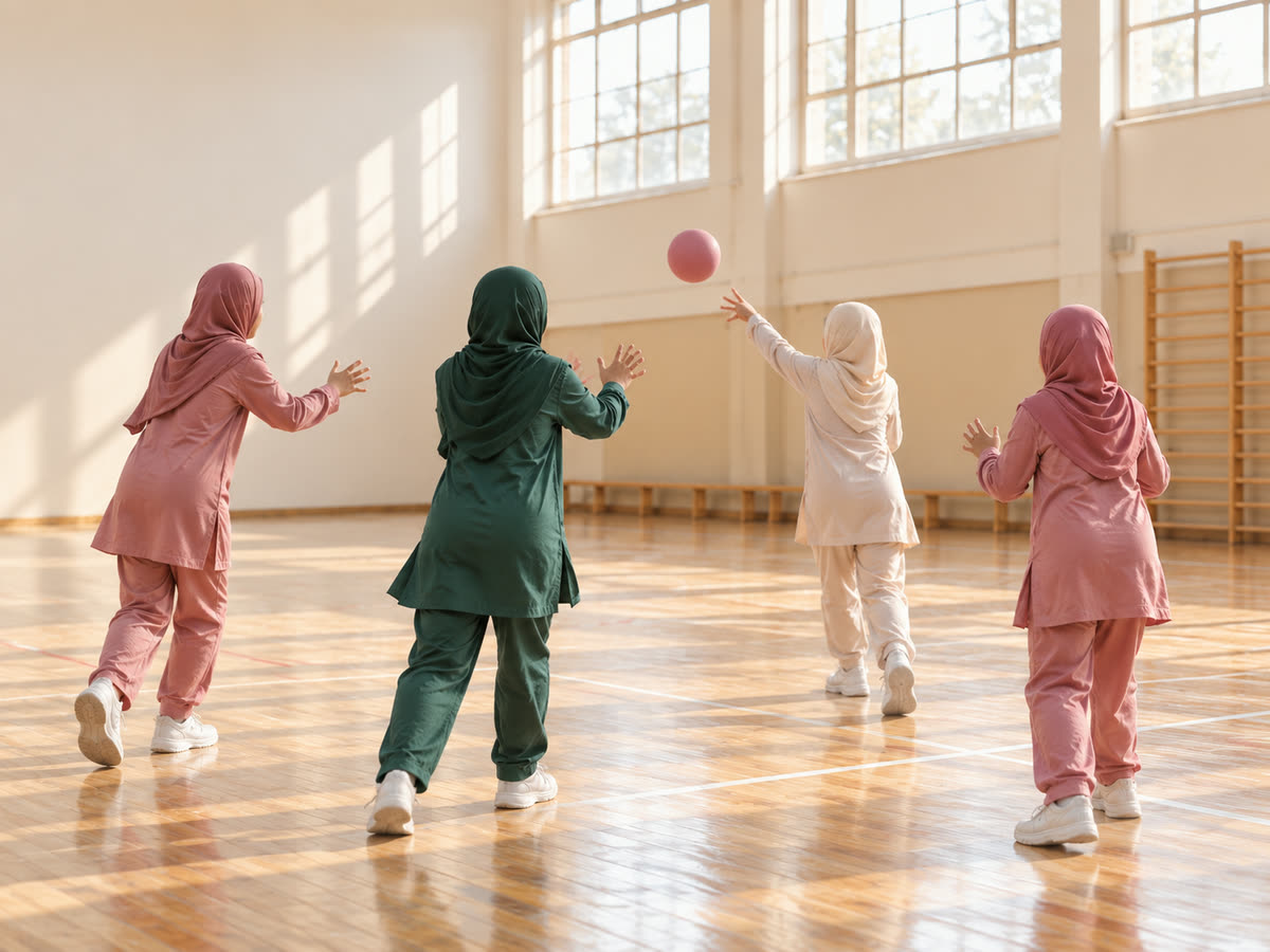 Four girls in hijab and modest sportswear passing a pink ball in a sports hall