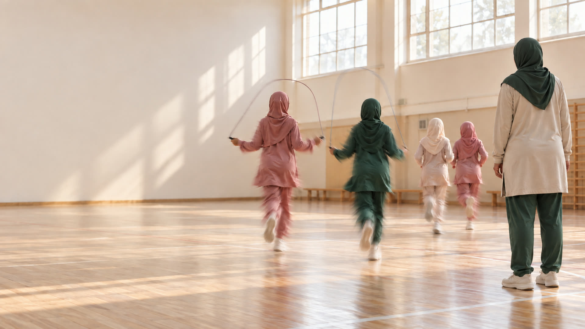 Girls in sport hijab exercising in a bright hall with a woman coach