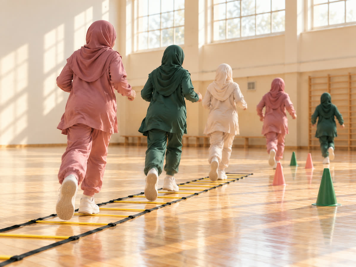 Five girls in hijab and modest sportswear running beside an agility ladder and cones