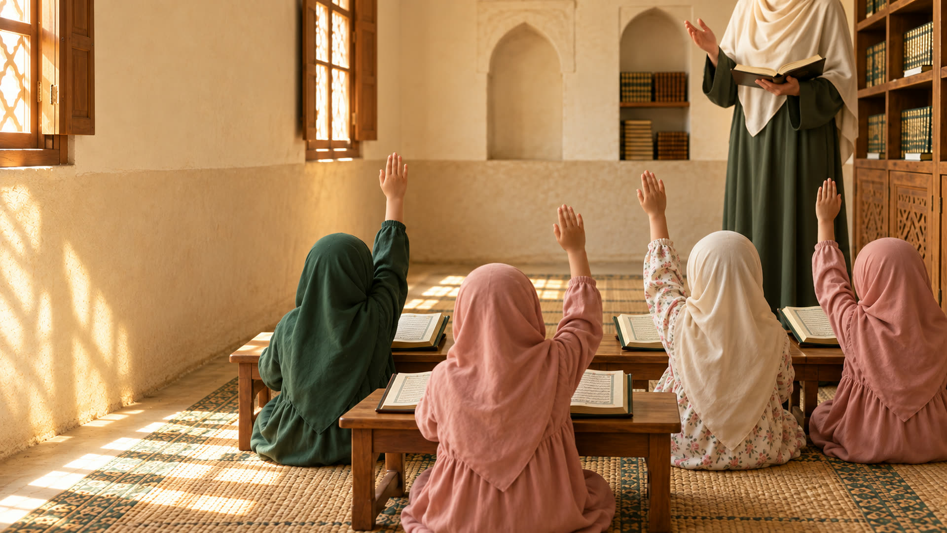 Girls in hijab raising their hands to their woman teacher in a bright classroom