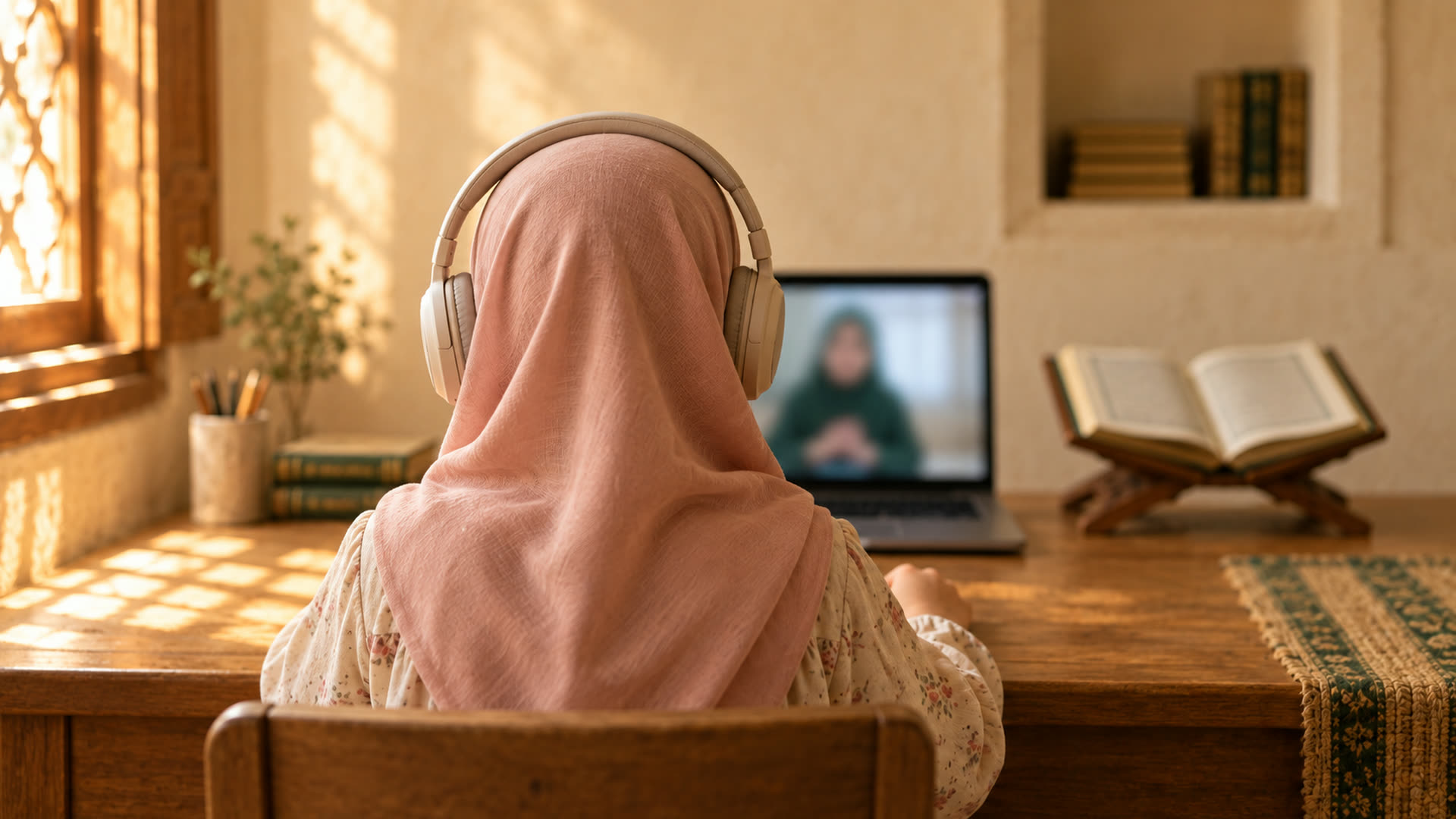 A girl in hijab and headphones following a live lesson on a laptop, an open mushaf beside it